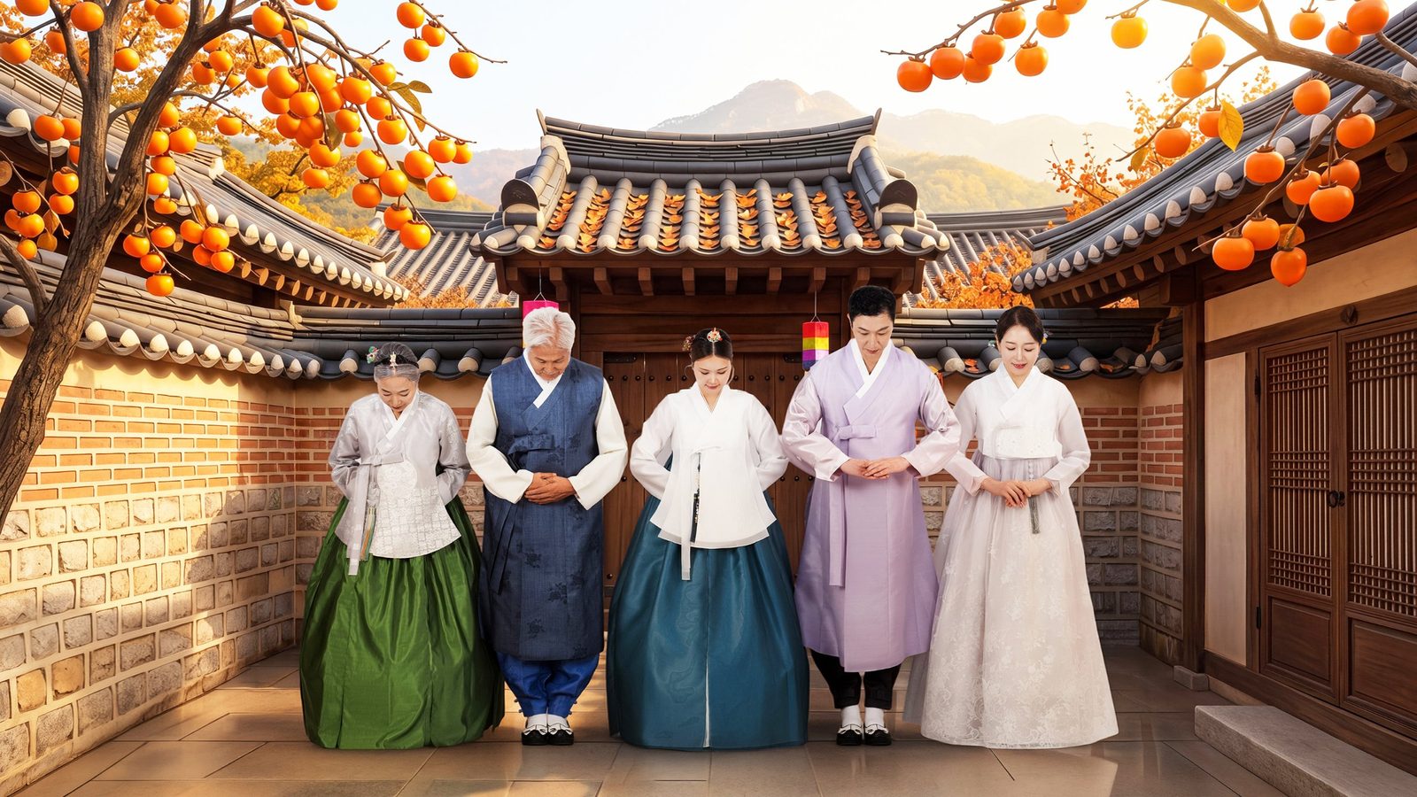 의령 한복 가족사진 — 기와 담장 아래 감나무가 있는 마당. 노을 빛을 받은 다섯 사람이 담장을 따라 걷습니다