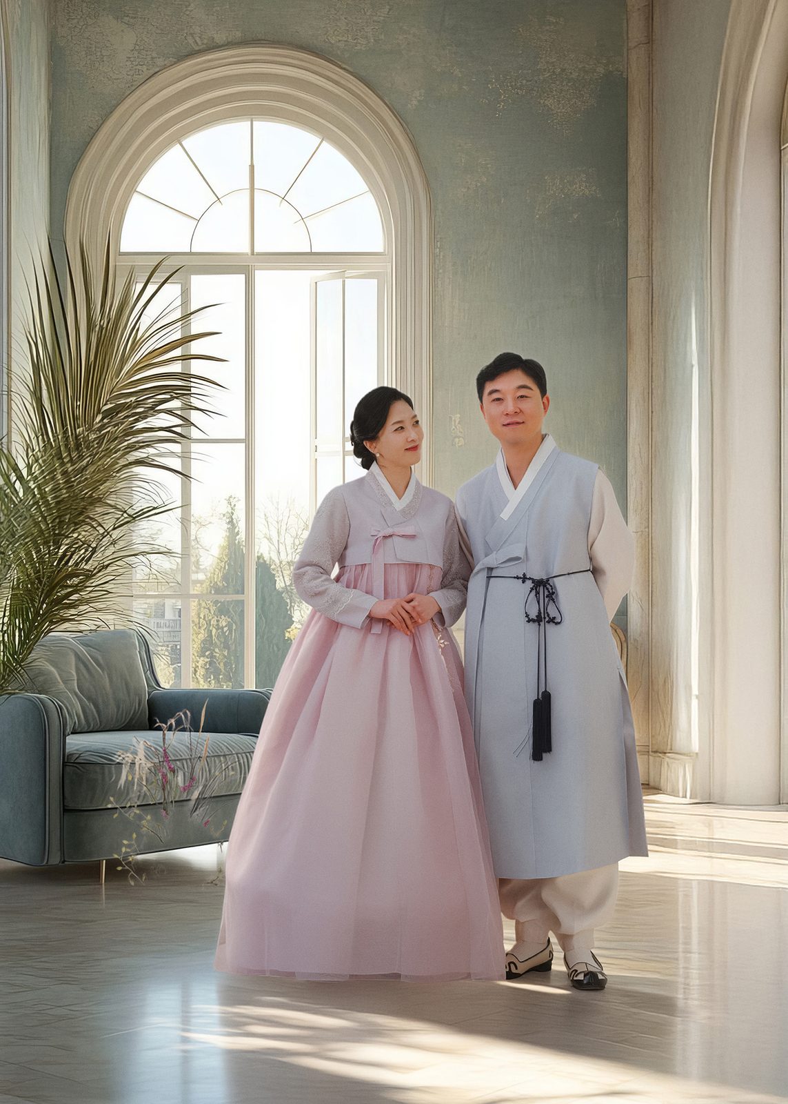 창원 한복 부부사진 — 아치 창과 파란 소파, 화분이 있는 방에 선 두 사람. 연분홍 저고리와 연한 청회색 두루마기입니다